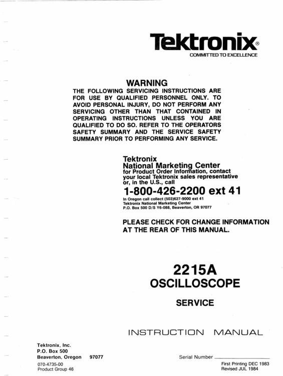 Product picture Tektronix 2215A Service Manual