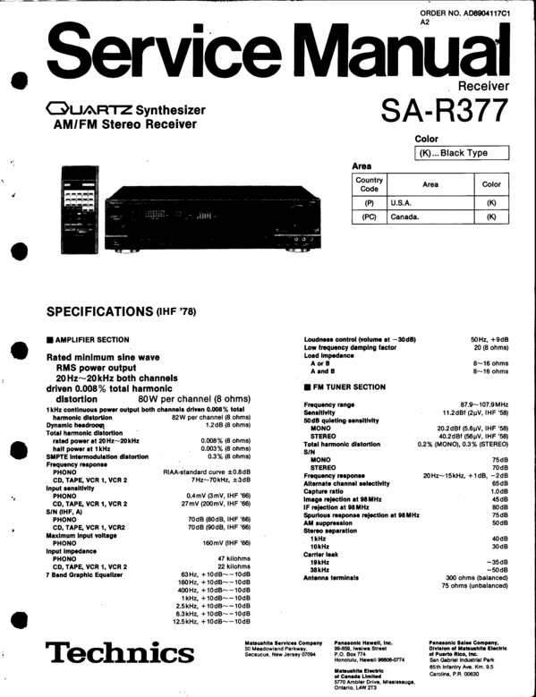 Product picture Technics SA-R377 Receiver Service Manual
